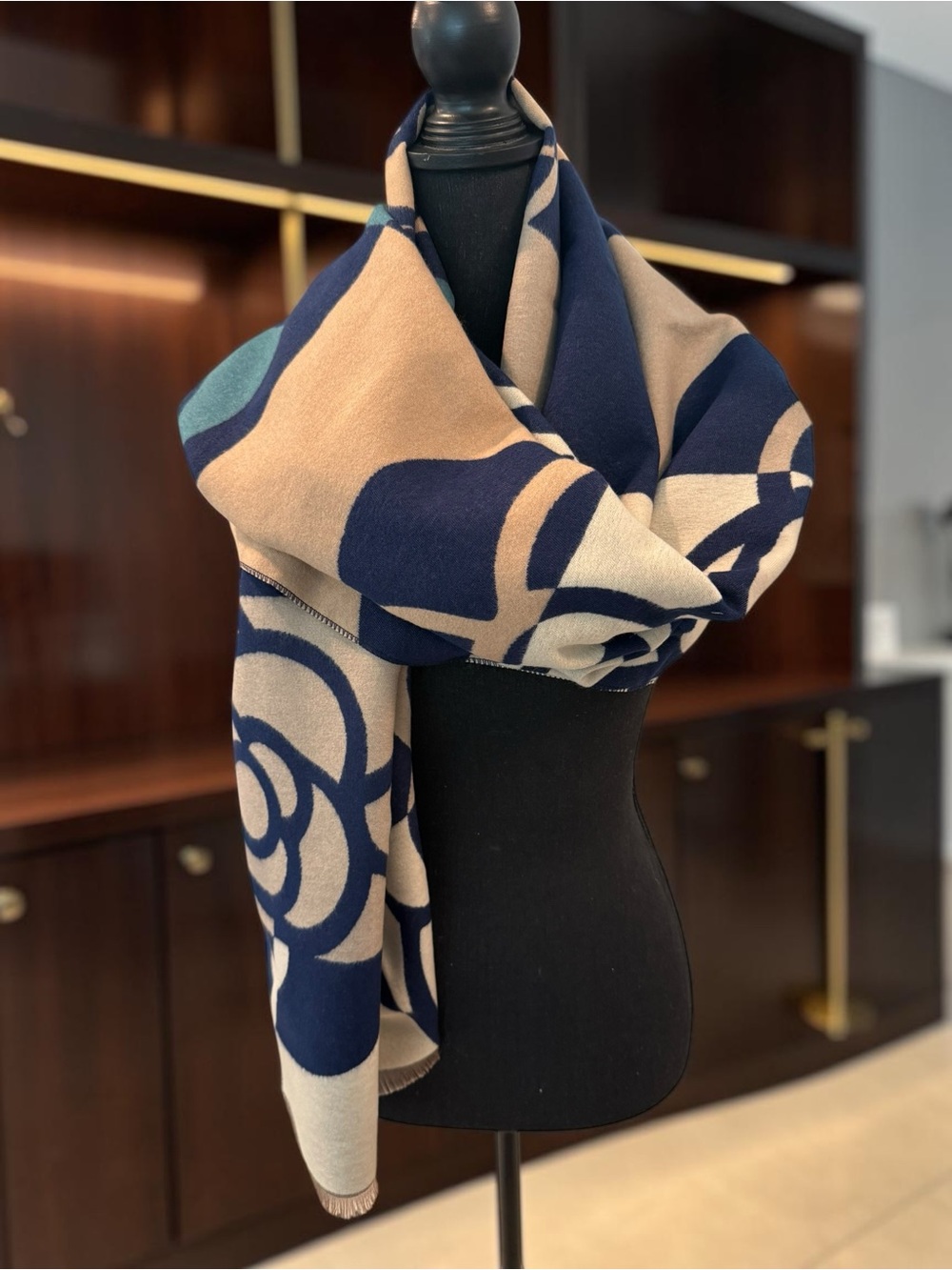 Cashmere Super Soft Navy and Beige Floral Wrap Scarf